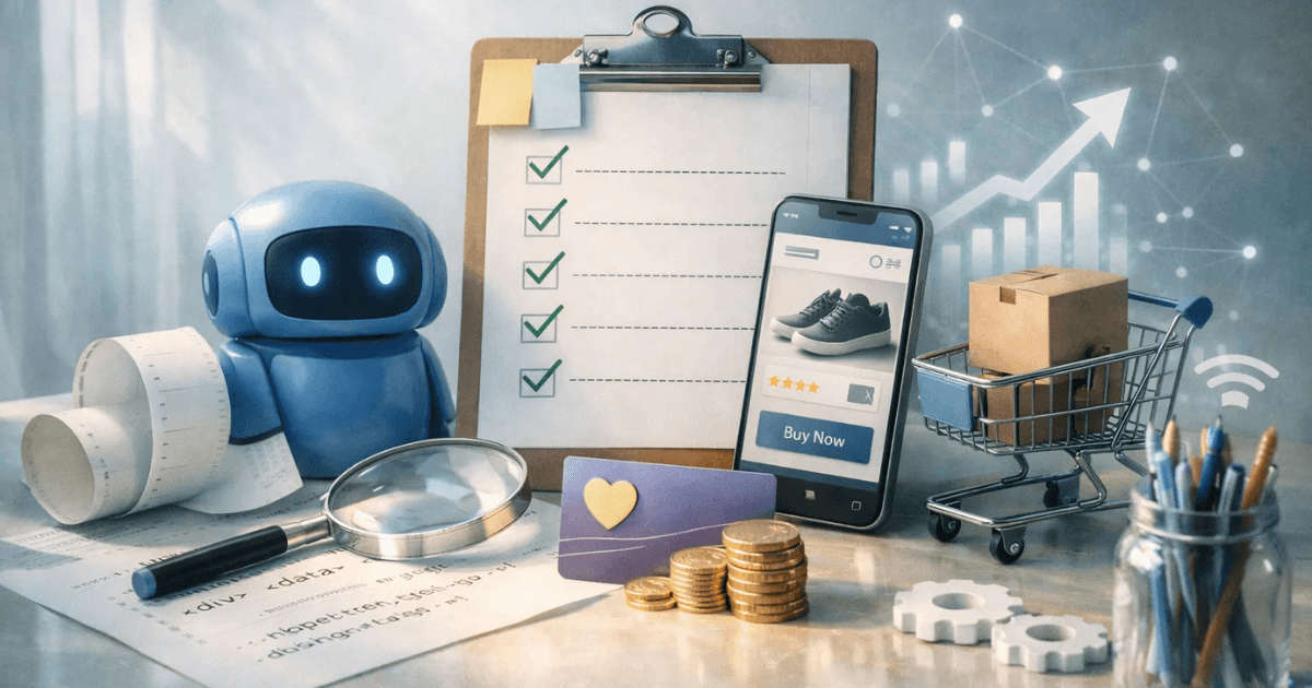 AI robot with shopping cart and checklist representing UCP trust signals for DTC brands