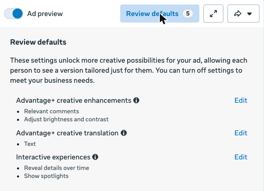 Meta Ads Manager Review defaults panel listing five settings on by default for one of our ads